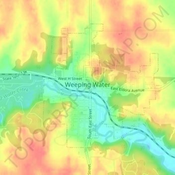 Mapa topográfico Weeping Water, altitud, relieve