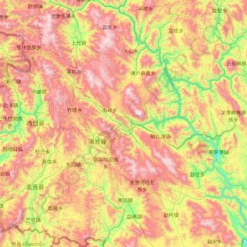 Mapa topográfico Lancang Lahu Autonomous County, altitud, relieve