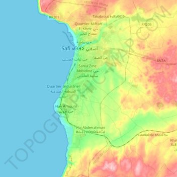 Mapa topográfico Safi آسفي, altitud, relieve