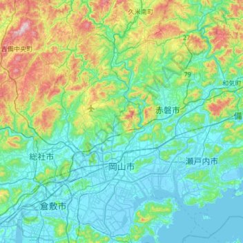 Mapa topográfico Okayama, altitud, relieve