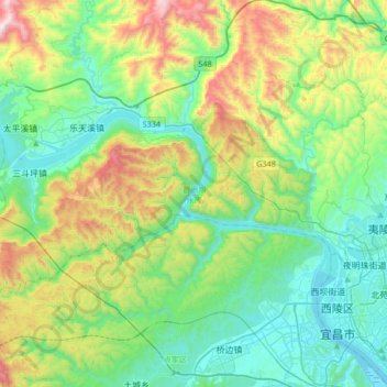Mapa topográfico 夷陵区, altitud, relieve