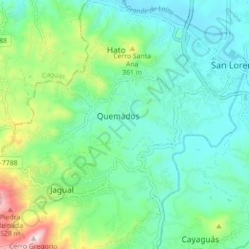 Mapa topográfico Quemados, altitud, relieve