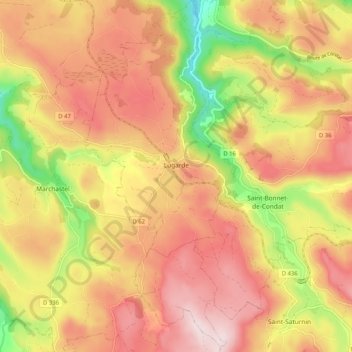 Mapa topográfico Lugarde, altitud, relieve