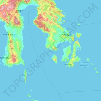 Mapa topográfico Sulawesi du Sud-Est, altitud, relieve