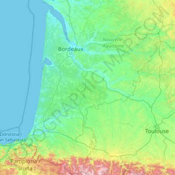 Mapa topográfico Aquitaine, altitud, relieve