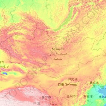 Mapa topográfico Mongolia, altitud, relieve
