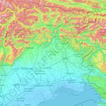 Mapa topográfico Friuli-Venecia Julia, altitud, relieve