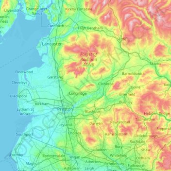 Mapa topográfico Lancashire, altitud, relieve