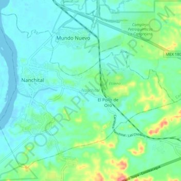 Mapa topográfico Nanchital, altitud, relieve