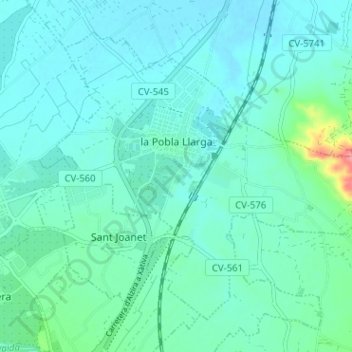 Mapa topográfico la Pobla Llarga, altitud, relieve