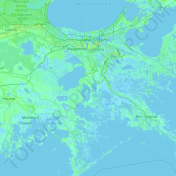Mapa topográfico Jefferson Parish, altitud, relieve