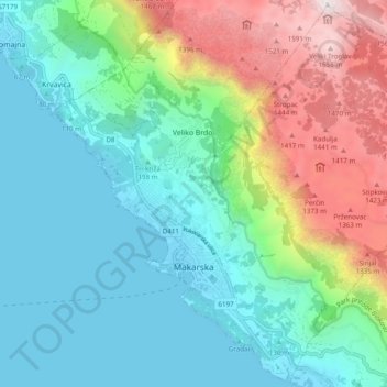 Mapa topográfico Makarska, altitud, relieve