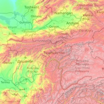 Mapa topográfico Tayikistán, altitud, relieve