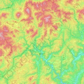 Mapa topográfico 新見市, altitud, relieve