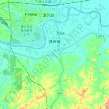 Mapa topográfico Zhushan, altitud, relieve