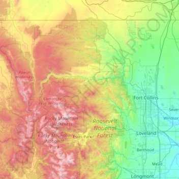 Mapa topográfico Larimer County, altitud, relieve