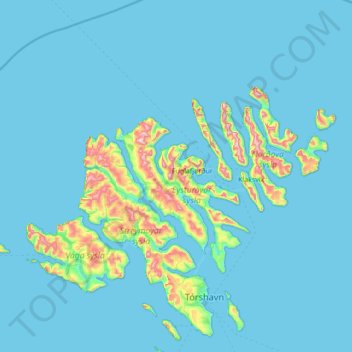 Mapa topográfico Eysturoy, altitud, relieve