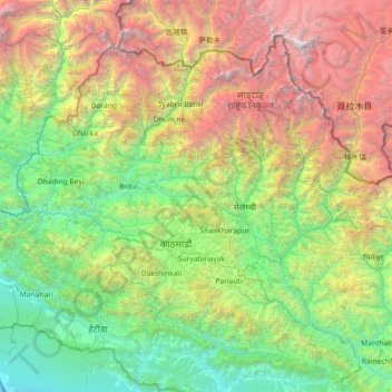 Mapa topográfico बागमती अञ्चल, altitud, relieve