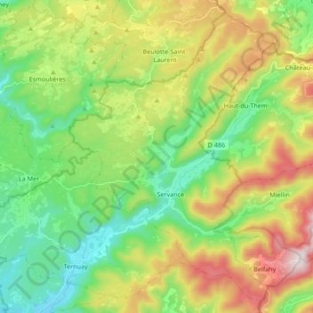 Mapa topográfico Servance-Miellin, altitud, relieve