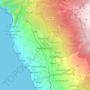 Mapa topográfico Guía de Isora, altitud, relieve