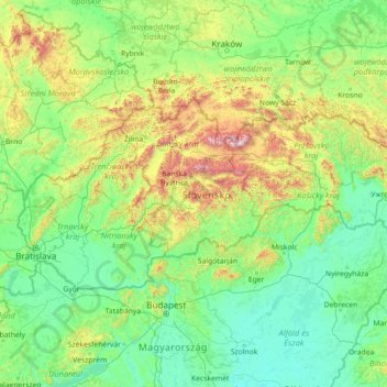 Mapa topográfico Eslovaquia, altitud, relieve