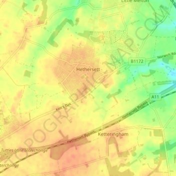 Mapa topográfico Hethersett, altitud, relieve