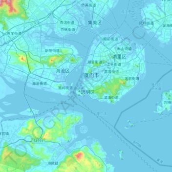 Mapa topográfico Xiamen, altitud, relieve