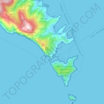 Mapa topográfico Porto Venere, altitud, relieve