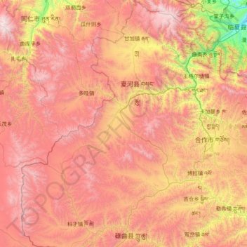 Mapa topográfico བསང་ཆུ་རྫོང་ 夏河县, altitud, relieve