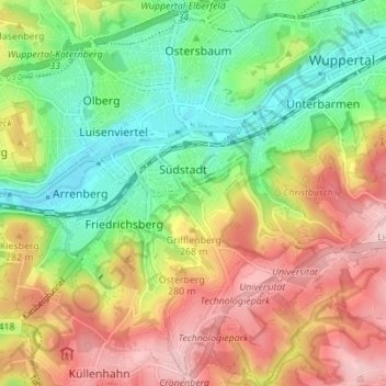 Mapa topográfico Elberfeld, altitud, relieve