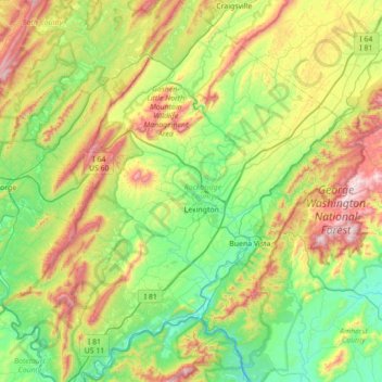 Mapa topográfico Rockbridge County, altitud, relieve