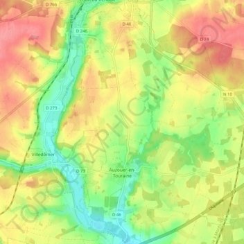 Mapa topográfico Auzouer-en-Touraine, altitud, relieve