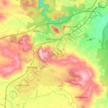 Mapa topográfico Mittagong, altitud, relieve