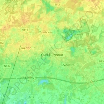 Mapa topográfico Oud-Turnhout, altitud, relieve