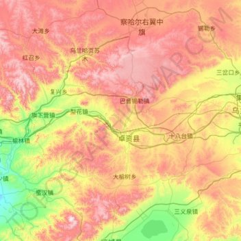 Mapa topográfico Zhuozi County, altitud, relieve