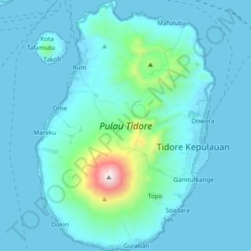 Mapa topográfico Pulau Tidore, altitud, relieve