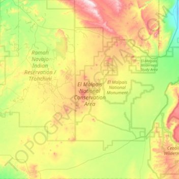 Mapa topográfico El Malpais National Conservation Area, altitud, relieve