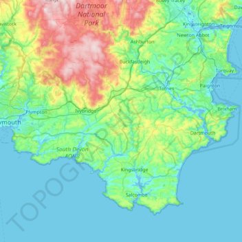 Mapa topográfico South Hams, altitud, relieve