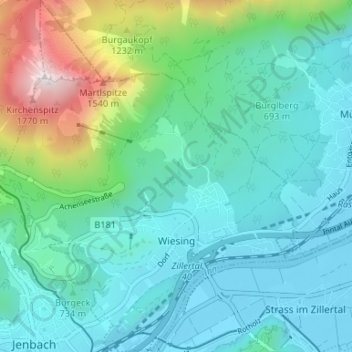 Mapa topográfico Wiesing, altitud, relieve