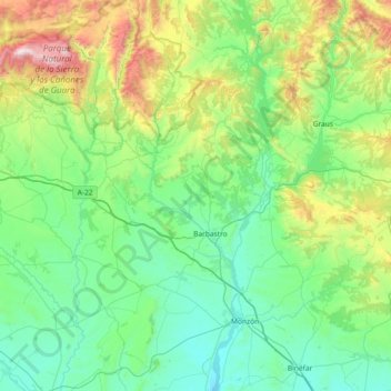 Mapa topográfico Somontano de Barbastro, altitud, relieve