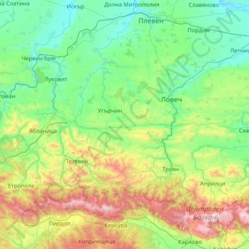 Mapa topográfico Lovech, altitud, relieve