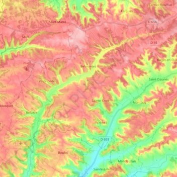 Mapa topográfico Montcuq-en-Quercy-Blanc, altitud, relieve
