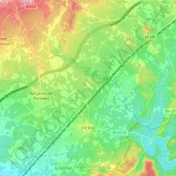 Mapa topográfico l'Arboç, altitud, relieve