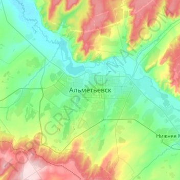 Mapa topográfico Almetyevsk, altitud, relieve