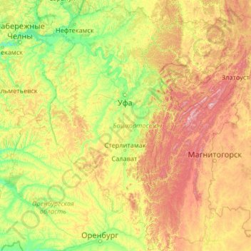 Mapa topográfico Bashkortostan, altitud, relieve