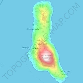 Mapa topográfico Gran Comora, altitud, relieve