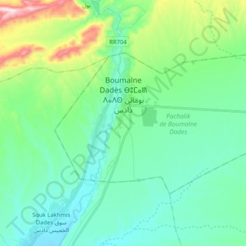 Mapa topográfico Boumalne Dadès ⴱⵓⵎⴰⵍⵏ ⴷⴰⴷⵙ بومالن دادس, altitud, relieve