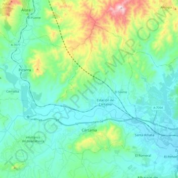 Mapa topográfico Cártama, altitud, relieve