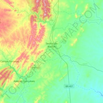 Mapa topográfico Senhor do Bonfim, altitud, relieve