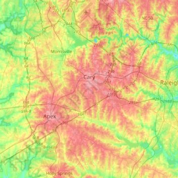 Mapa topográfico Cary, altitud, relieve